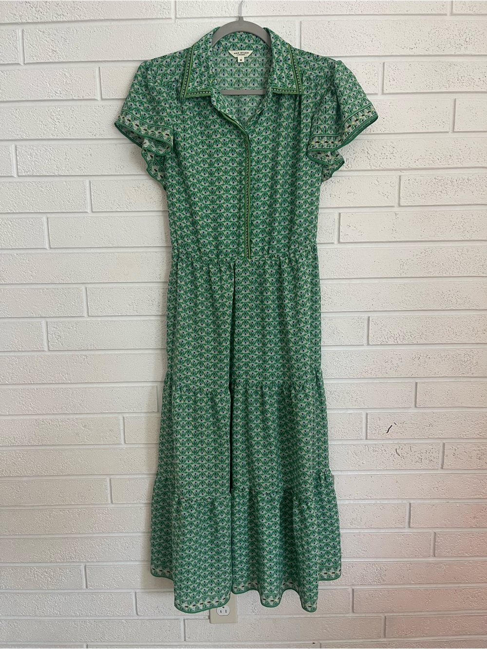 Max Studio Green Printed Tiered Maxi with Button Front